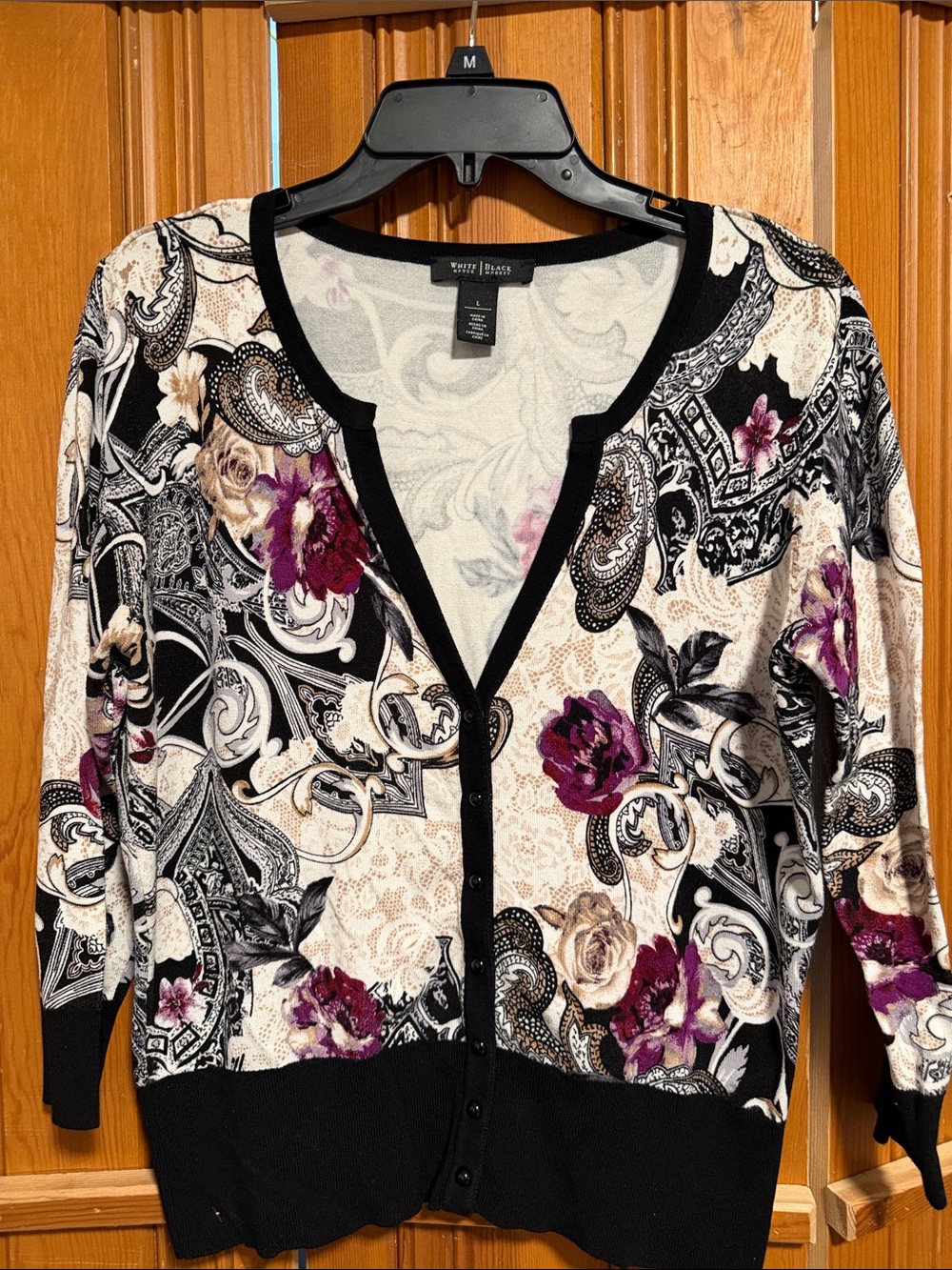 White House Black Market Black Floral-Print Button Cardigan with Purple Accents